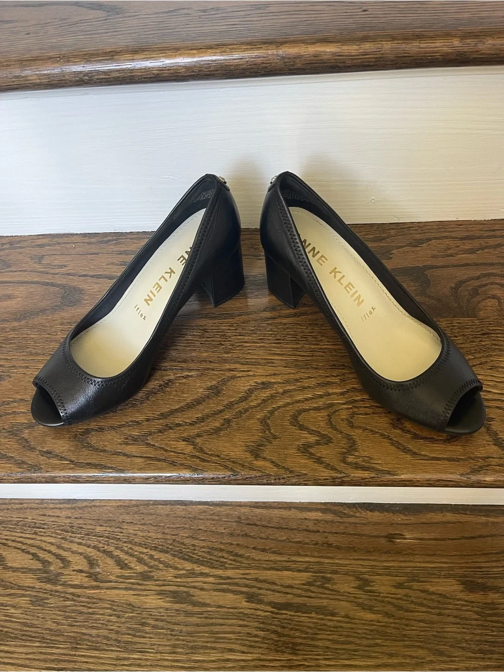 Anne Klein Black Peep Toe Leather Heels